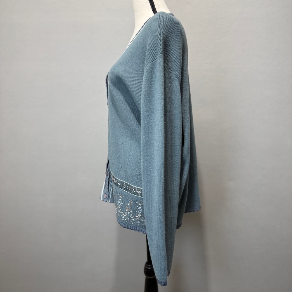Koret Embroidered Sweater Womens M Cardigan Velvet Ribbon Trim Cottagecore Soft - Picture 2 of 9